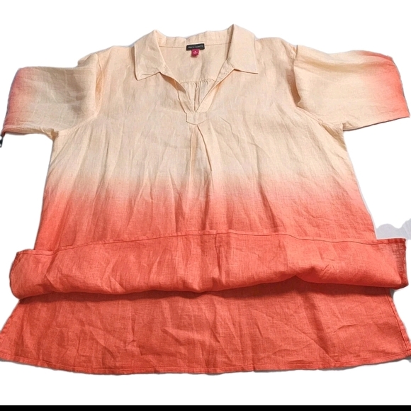 Vince Camuto 100% Linen Ombre Orange  Long Sleeve V-Neck Top Blouse Lightweight - Picture 4 of 11